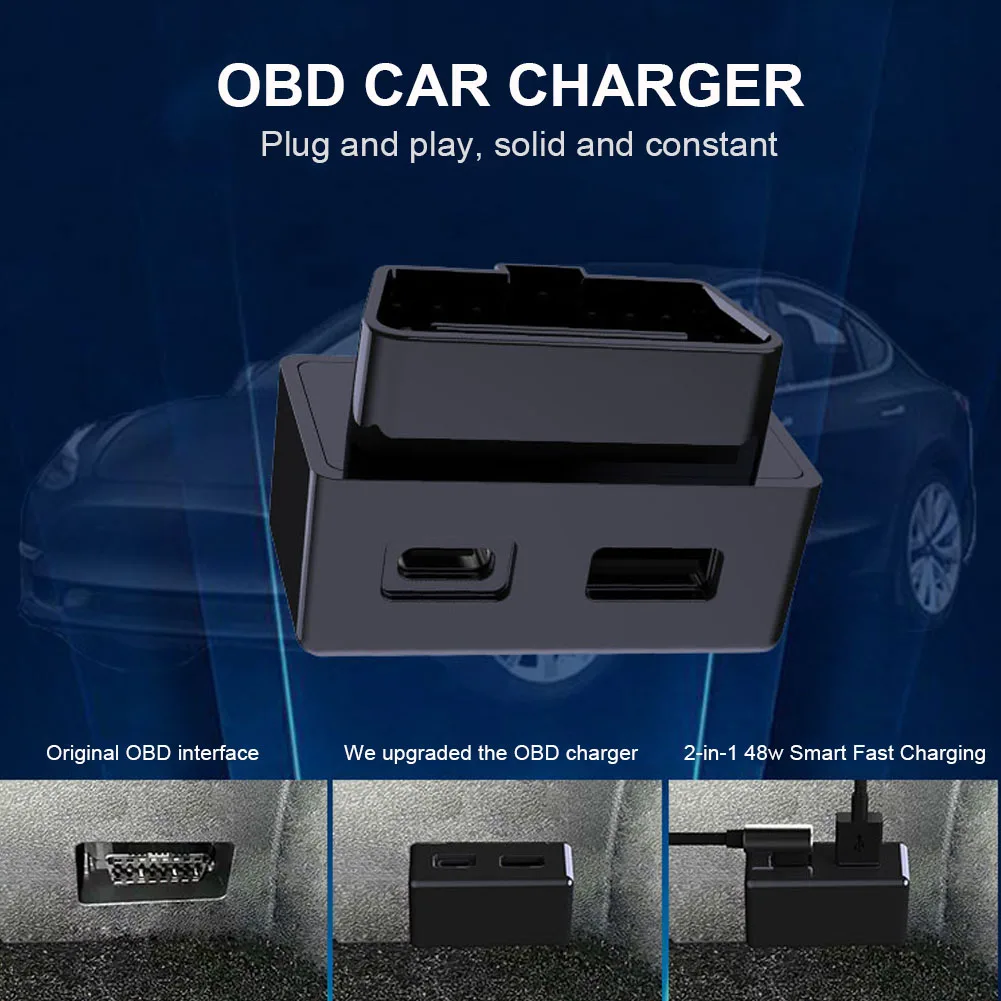 Car OBD Fast Charger for Tesla Model 3 Y X S Mobile Phone Charging Adapter OBD2 Splitter USB and Type-C Dual Port Plug Head