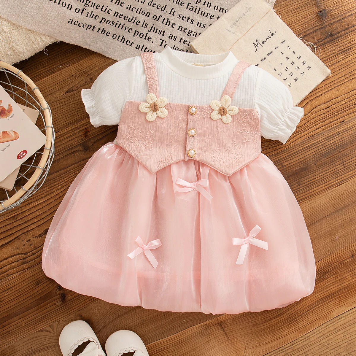 Korean Style Fashion Sweet Bow Flowers Puff Sleeves Spliced Baby Girl Fairy Dress Summer Lovely Birthday Party Toddler Dress