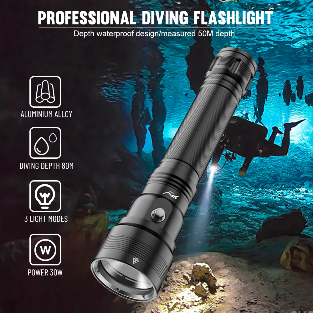 Asafee 80M Underwater Diving Flashlight XHP70 LED Light Magnetic Switch Torch IPX8 Waterproof Lantern 30W Power Lamp