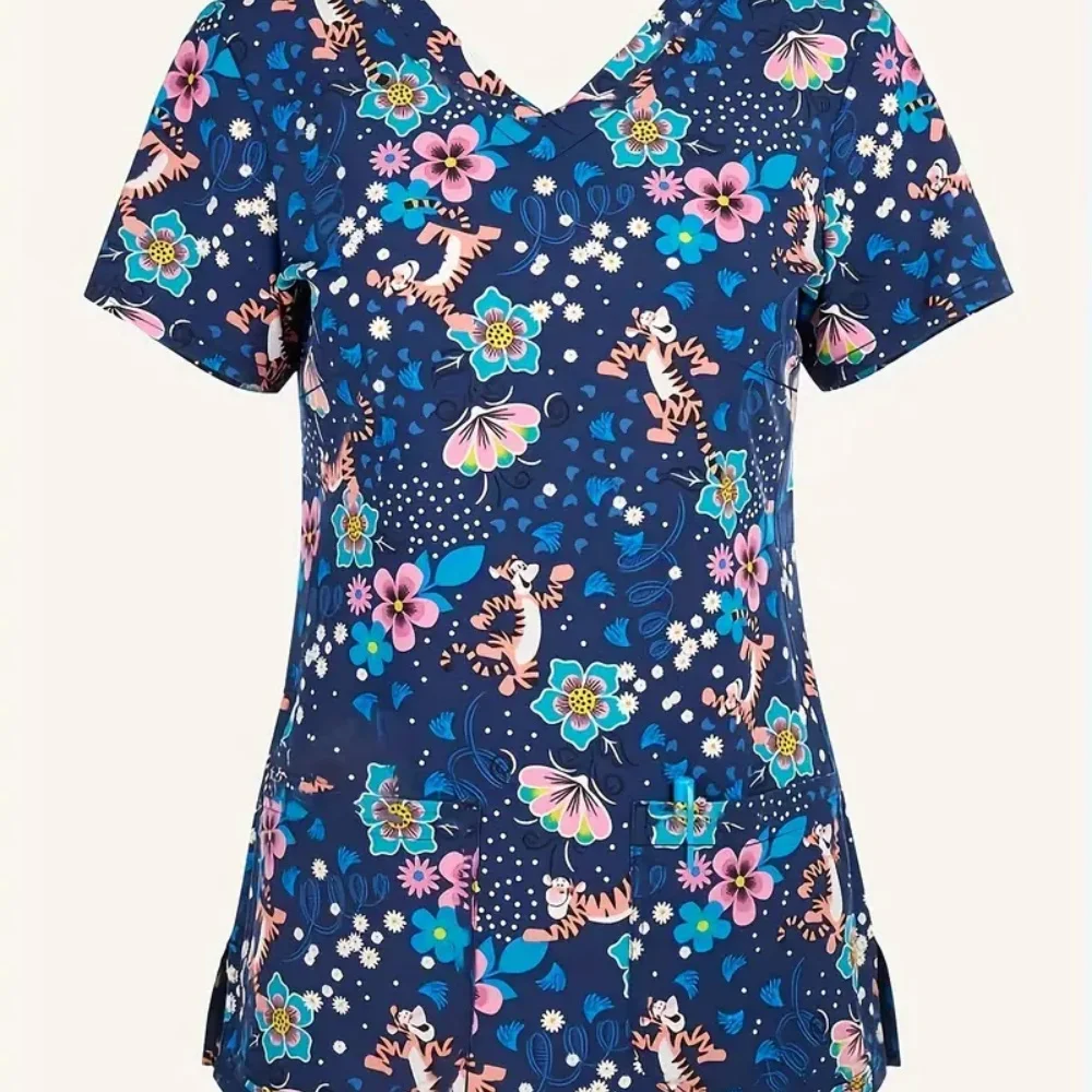 Medical Nursing Uniform Women’s Stretch Ombre Print V-Neck Short Sleeve Tops Pocket Medical Clothing for Women Hospital Uniform