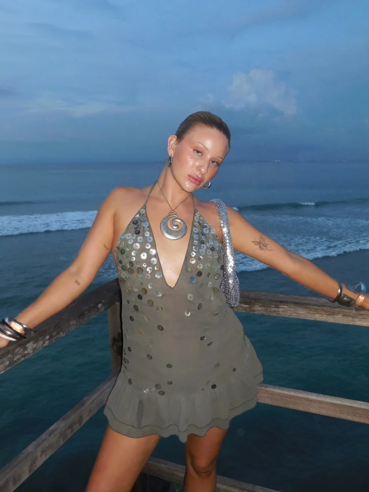 Halter Bead Women Dress Metal Nail Button Hanging Neck Deep V Backless Ruffled Camisole Mesh Beach Sexy Short Strap Dresses New