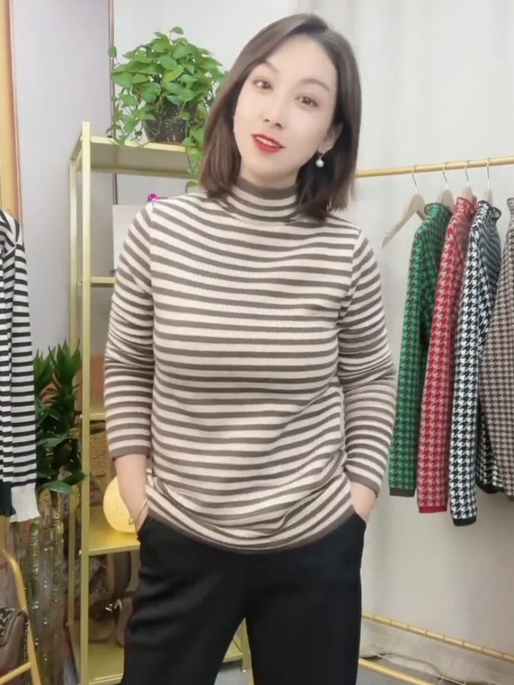 

Женский свитер Thiened Fce в полоску с высоким воротником, повседневная спортивная одежда, теплый топ на осень и зиму