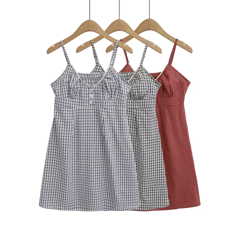 Minivestido Babydoll con botones y tirantes tipo camisola para mujer en cuadros