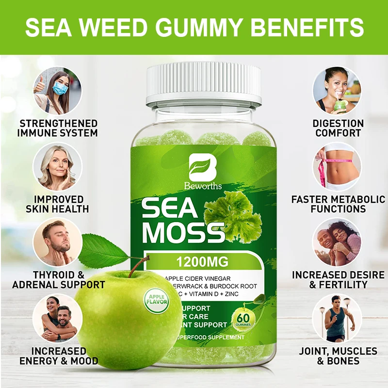 BEWORTHS Sea Moss Gummies Support Thyroid and Adrenal Health and Enhance Immunity Antioxidant Healthy Skin and Joints