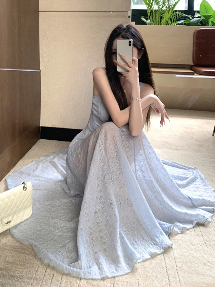 Women Vacation Clothes Sweet Blue Sheer Sexy Tank Slim Maxi Long A-Line Dress Elegant Lady Fashion Party Prom Vestidos Robe New