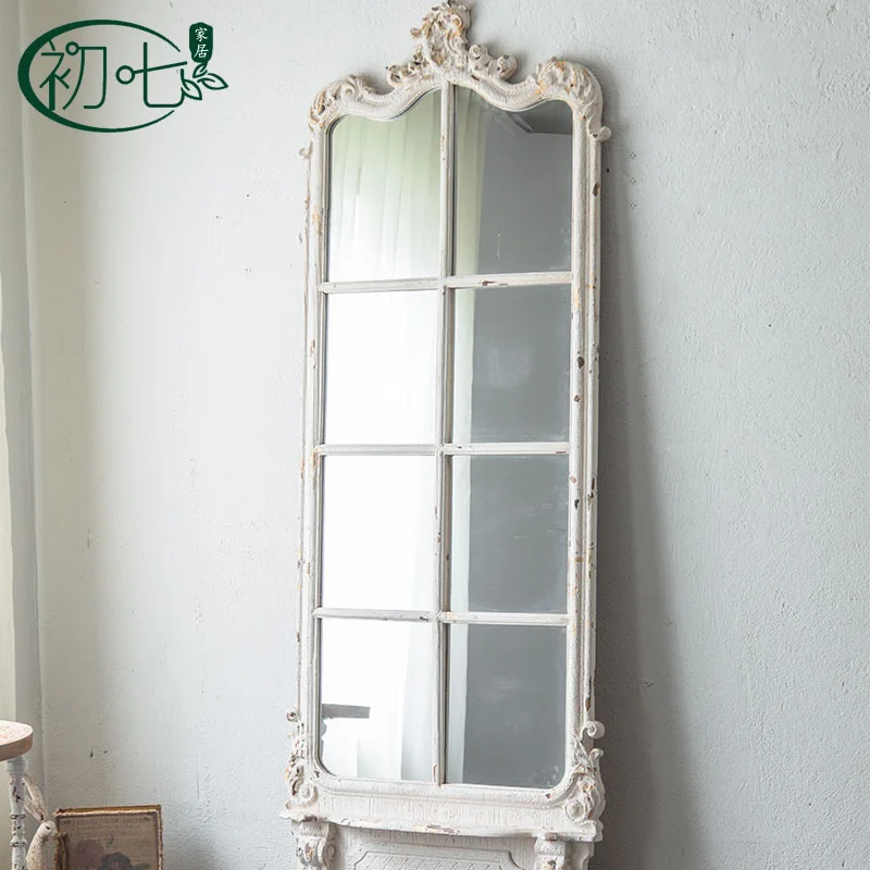 French retro carved floor mirror, clothing store light luxury carved old fitting mirror, bed and breakfast living room decorativ