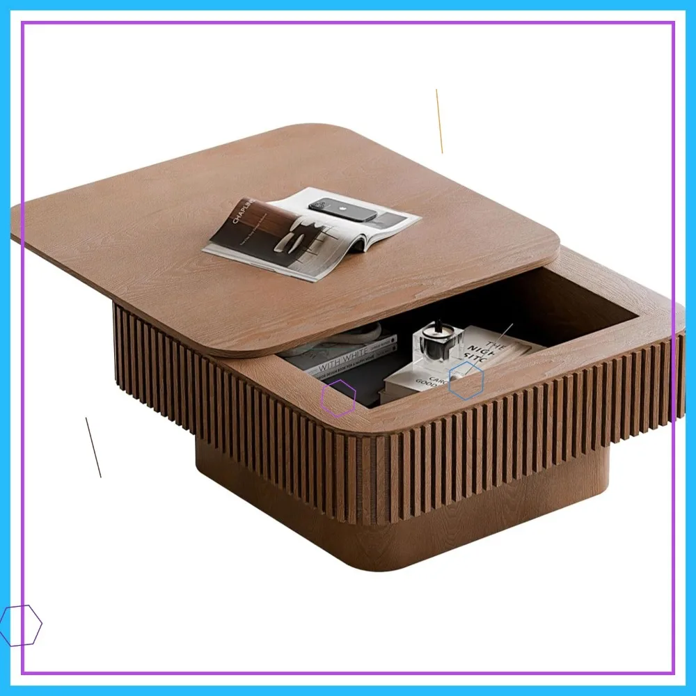 

Современный рифленый квадратный журнальный столик со скрытым хранилищем, шпон из массива дерева, конструкция с подъемным верхом для небольших помещений (31,5 дюйма Г × 14 дюймов В)