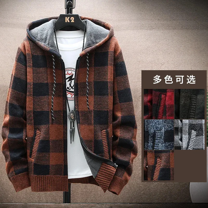 

Men's Winter Plaid Sweater Hooded Cardigan Cold Coat Wool Zipper Jacket Autumn Fleece Warm Clothes Checkered Knit Jumper