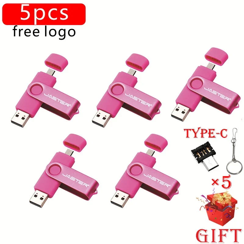 

JASTER 5pcs/Lot Pen drive 128GB Free Logo and TYPE-C adapters Rotatable OTG micro USB flash drives with key chain Memory stick