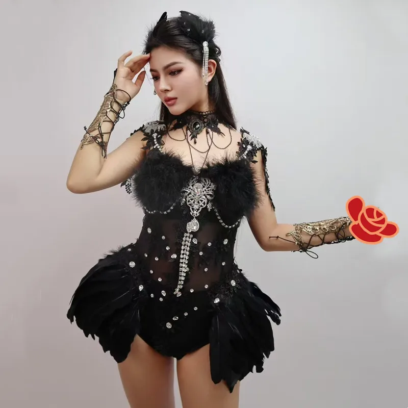 Vrouwen Zanger Danser Nachtclub Gogo Dans Kostuum Zwarte Veer Transparant Kant Bodysuit Sexy Stadium Slijtage Club Party Prestaties