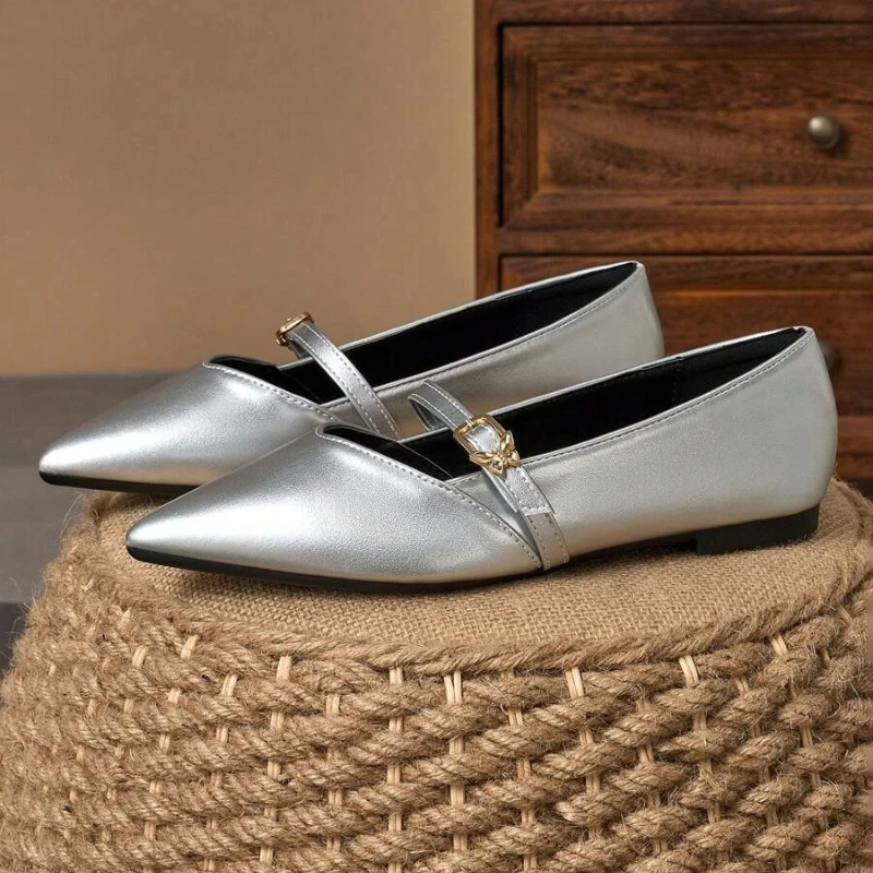 

Женские серебряные балетки с острым носком и элегантным ремешком с пряжкой, блестящие металлические балетки для повседневной офисной и праздничной одежды 34-48