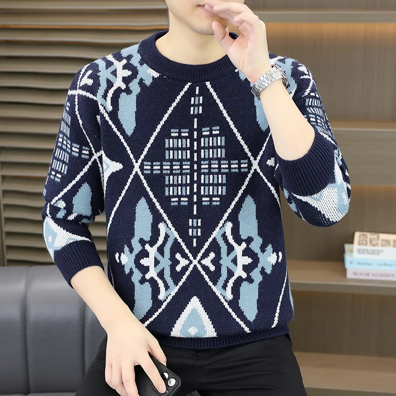 

2025 Winter Trend Jacquard Knitted Sweater for Men Loose Long Sleeve Round-neck Pullover Business Casual Harajuku Sweaters