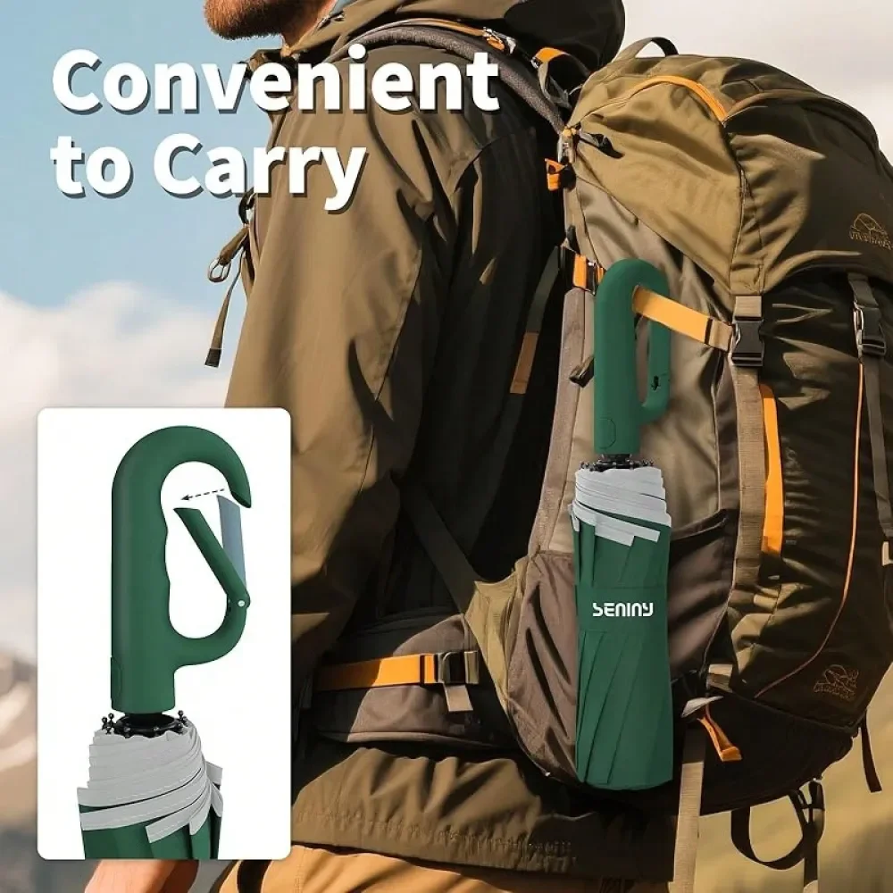

Travel Umbrella With Carabiner Handle, Windproof Large Umbrellas For Rain With DualRib Structure, Portable Compact Umbrella Wit