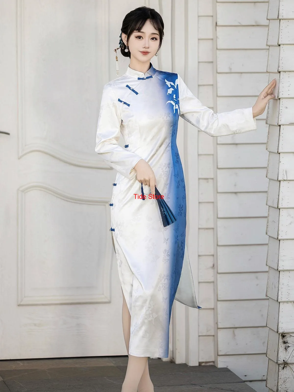 نافذة زهرة الأزرق مصبوغ تحسين Hanfu المرأة الجديدة النمط الصيني هان عنصر فستان طويل الأكمام شيونغسام الربيع