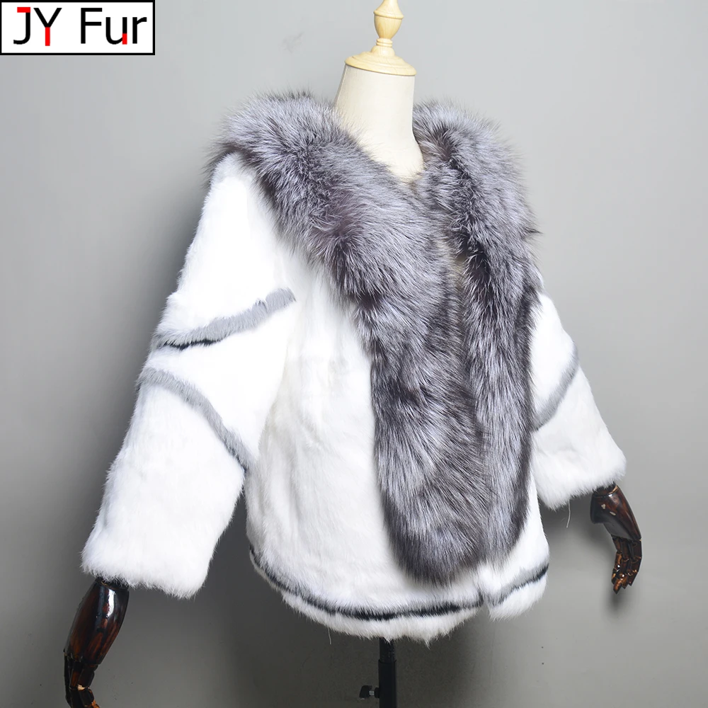 

New Arrival Fashion Women Winter 100% Real Full Pelt Rabbit Fur Coat with luxury Fox Fur Collar Women Coat