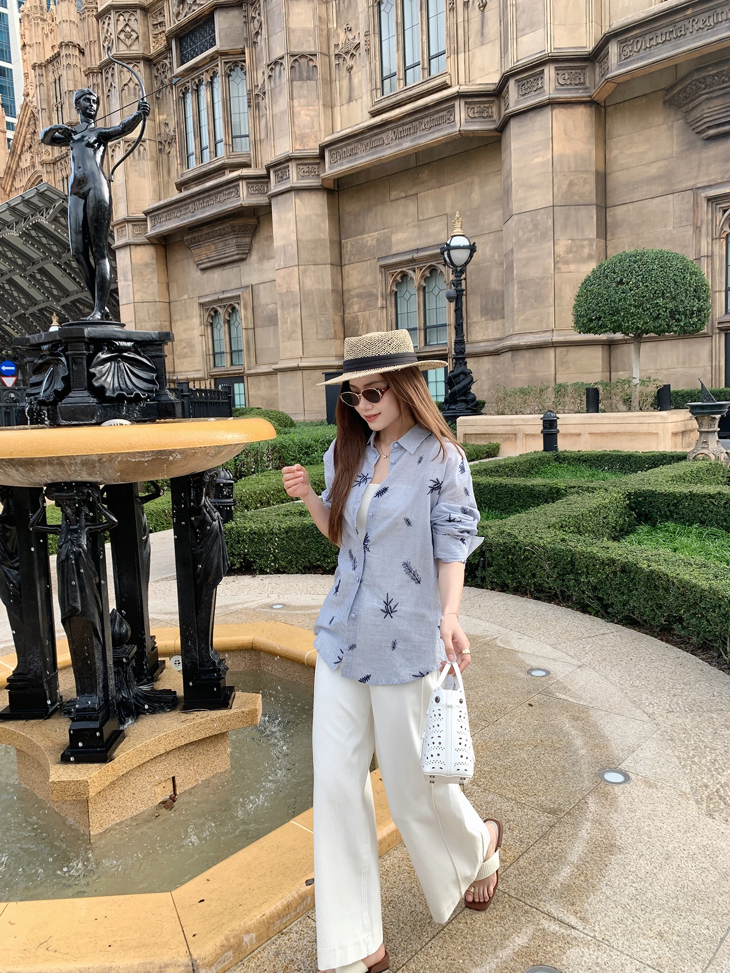 

New 307 Benxe Le Embroidery Heavyweight Holiday Stripe irt Casual Loose Fit Long Sve Cotton Breathable Women's irt