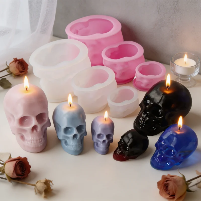 3D-Schädel-Silikonform für Kerzen, mehrgrößige realistische Schädel-Wachsform für DIY-Harz-, Gips- und Seifenherstellung, Halloween-Gothic-Heimdekoration – Detail 2
