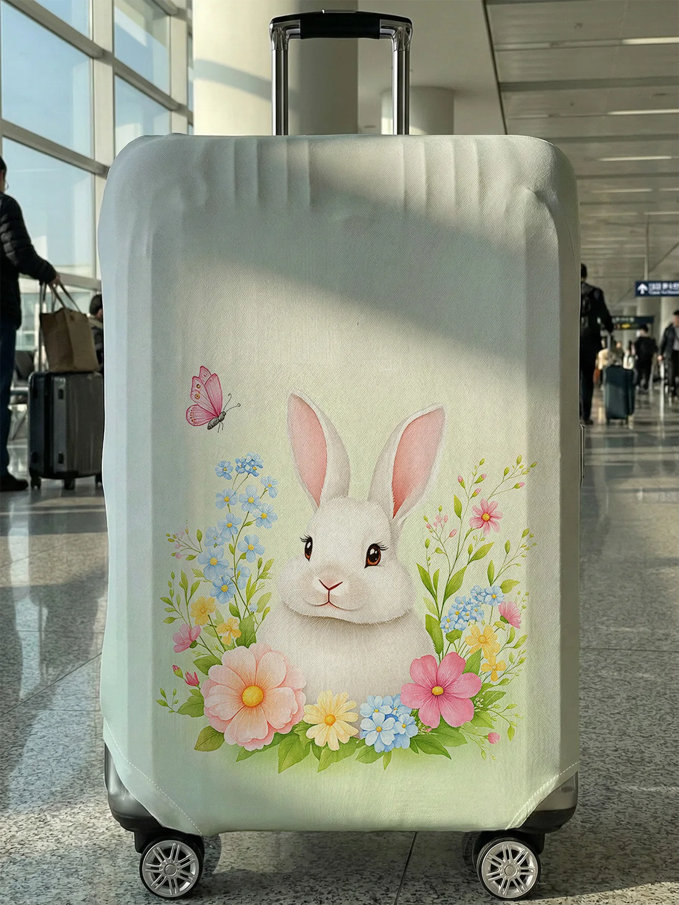 

Flower Bush White Rabbit Butterfly Print Luggage Cover, Suitable for 18-32 Inch Luggage Cover, Luggage Handle Glove, Travel Acce