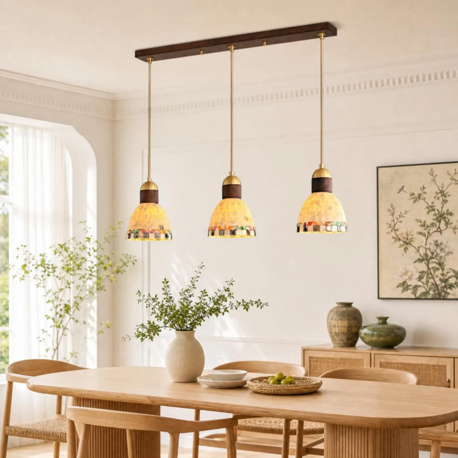 Three-Head Pendant Light Wood and Metal for Kitchen Island, Bedroom