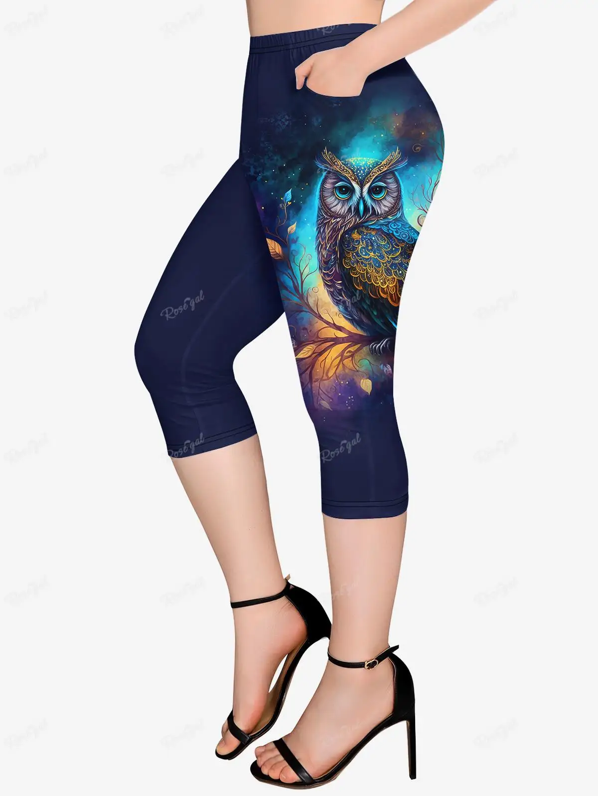 Plus Size Capri Leggings With Pockets Butterfly Glitter、Owl Branch Printed Pencil Pants Female Casual Trousers Mujer 6X