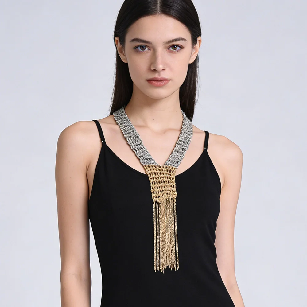

Multilayer Vintage Alloy Chains Mesh Choker Necklaces for Women Fashion Long Tassels Statement Jewelry Female Neck Accessories