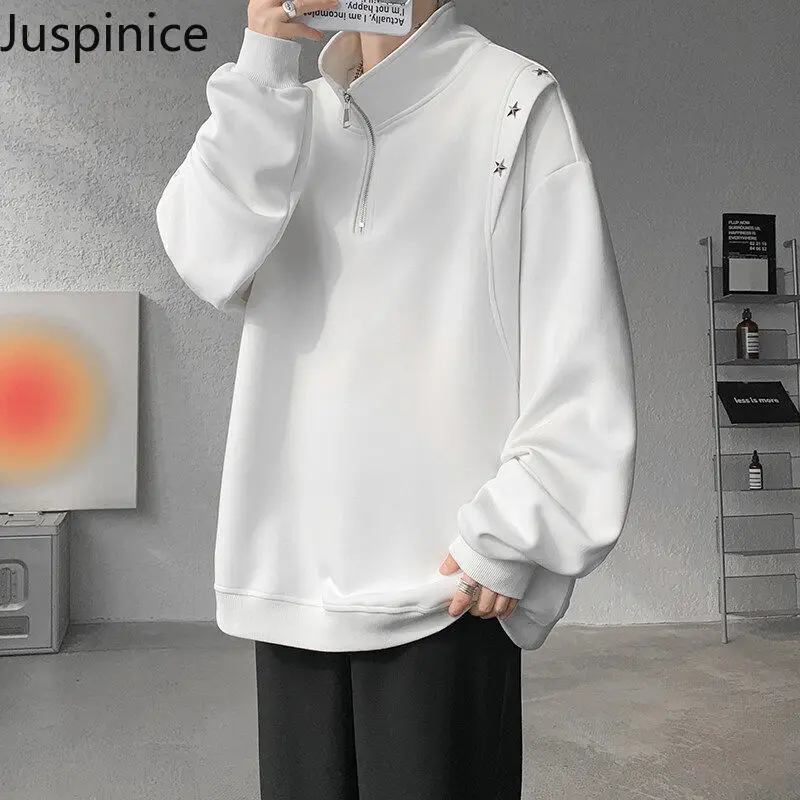 

Juspinice Rivet Design Semi Zip Hoodie Men's Spring Stand Up Collar Jacket Cleanfit Long Sleeved T-shirt Male Clothing