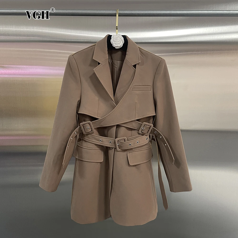 

VGH Classic Khaki Color Blazer For Women Notched Collar Long Sleeve Patchwork Sashes Slimming Casual Coat Female Fashion Clothes