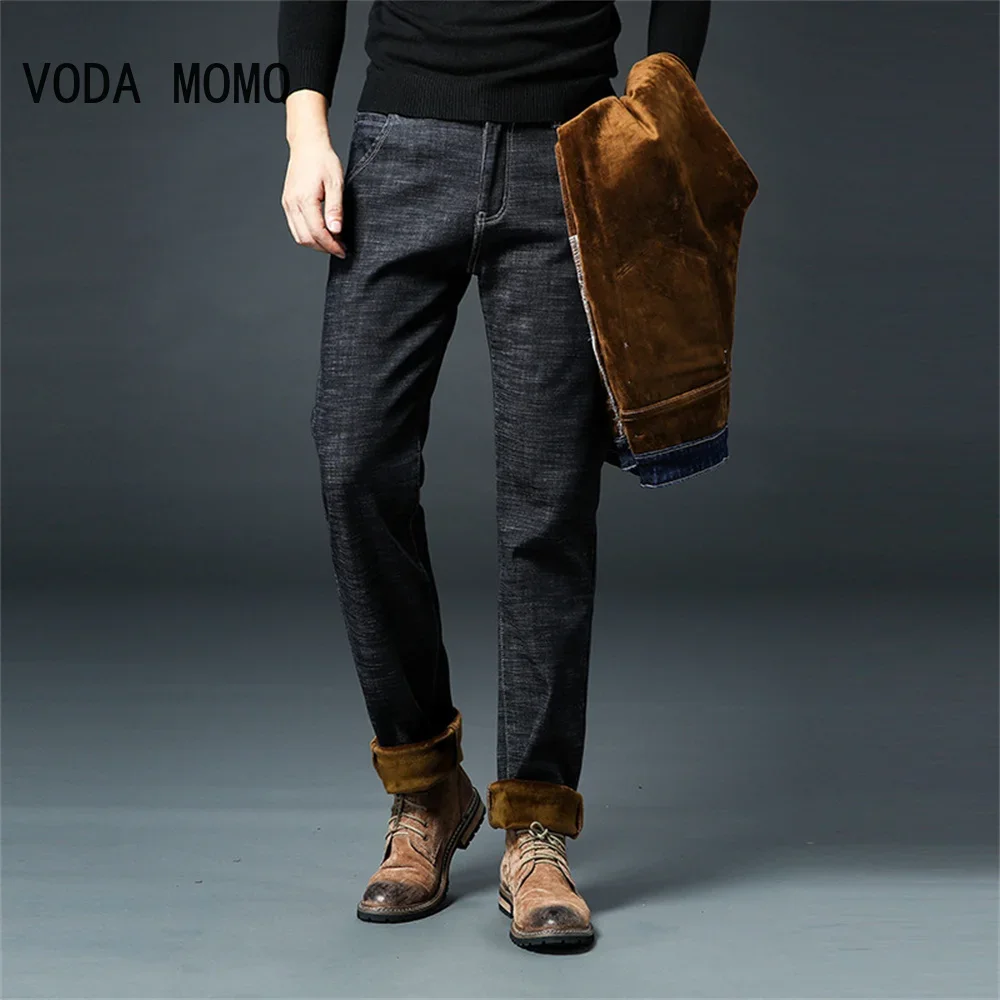 

2025 зимние новые мужские теплые облегающие джинсы, деловая мода, утепленные джинсовые брюки, флисовые эластичные брендовые брюки, черные, синие