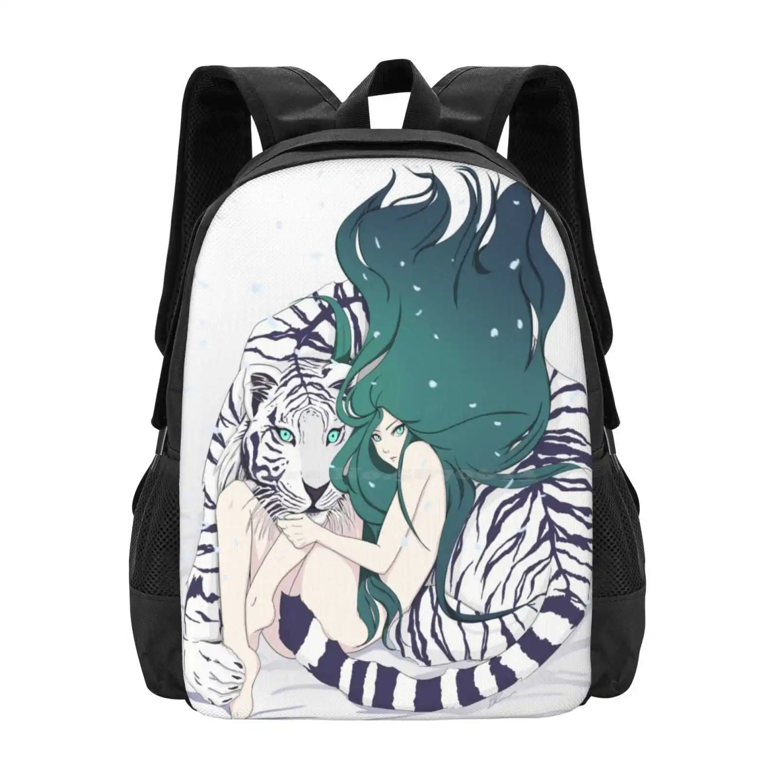 Frosty Goddess School Bags Travel Laptop Backpack White Tiger Anime Girl Manga Girl Goddess Nature Animal Tigress Anime Tiger