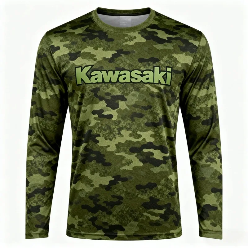 

MOTO-Olive Green Long - Sleeve Shirt with Camouflage Pattern and Bright Green Kawasaki Logo
