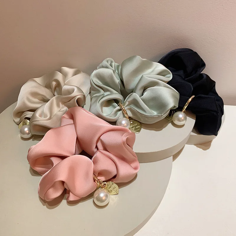 1pcs Vintage Satin Silk Solid Color Scrunchies for Hair Girls With Gold Color Heart Pearls for Women Hair Accessories Hairties