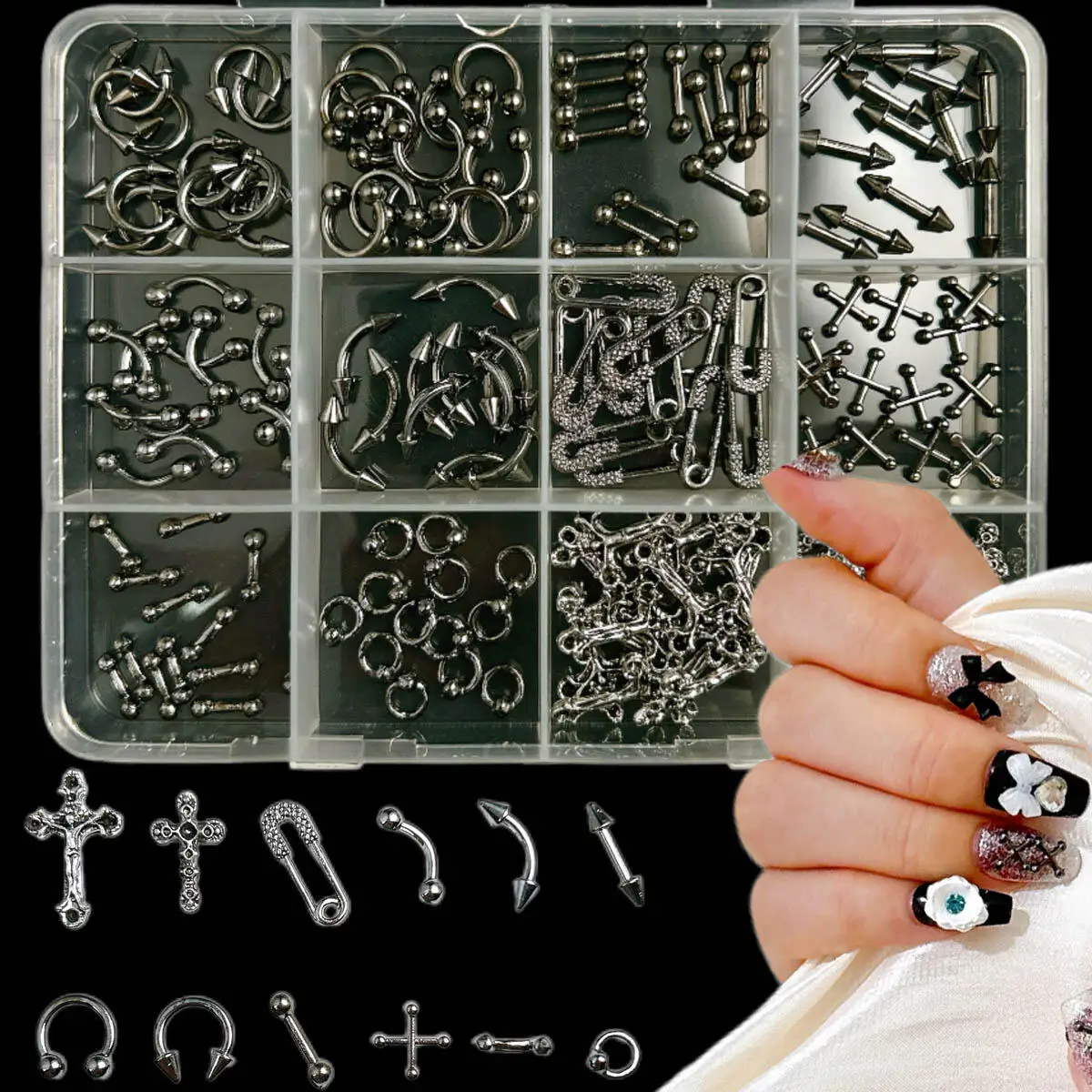1 Box 3D Alloy Vintage Punk Circular Rivets Nail Art Decoration Y2K Metal Cross Arc Shaped Nail Charms DIY Crafts Accessories