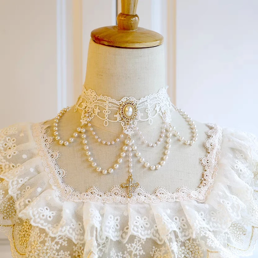 White Lace Choker Necklace Double Layer Pearl Necklace Alloy Pendant Cross Clavicle Chain Lolita Y2k Accessories