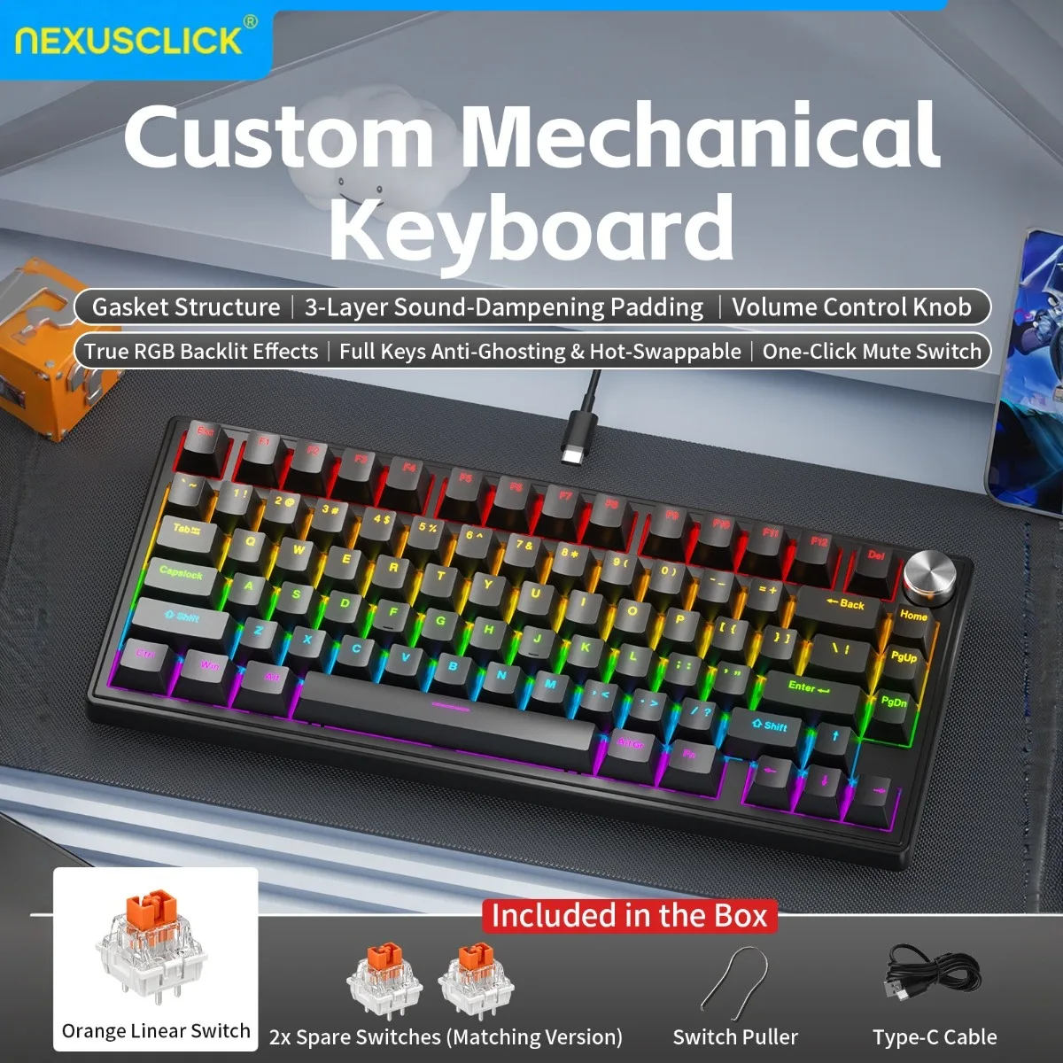 NEXUSCLICK K80 Wired Mechanical Keyboard Hot Swappable with Volume Knob 3-Layer Dampening Padding RGB Backlit Gaming Keyboard