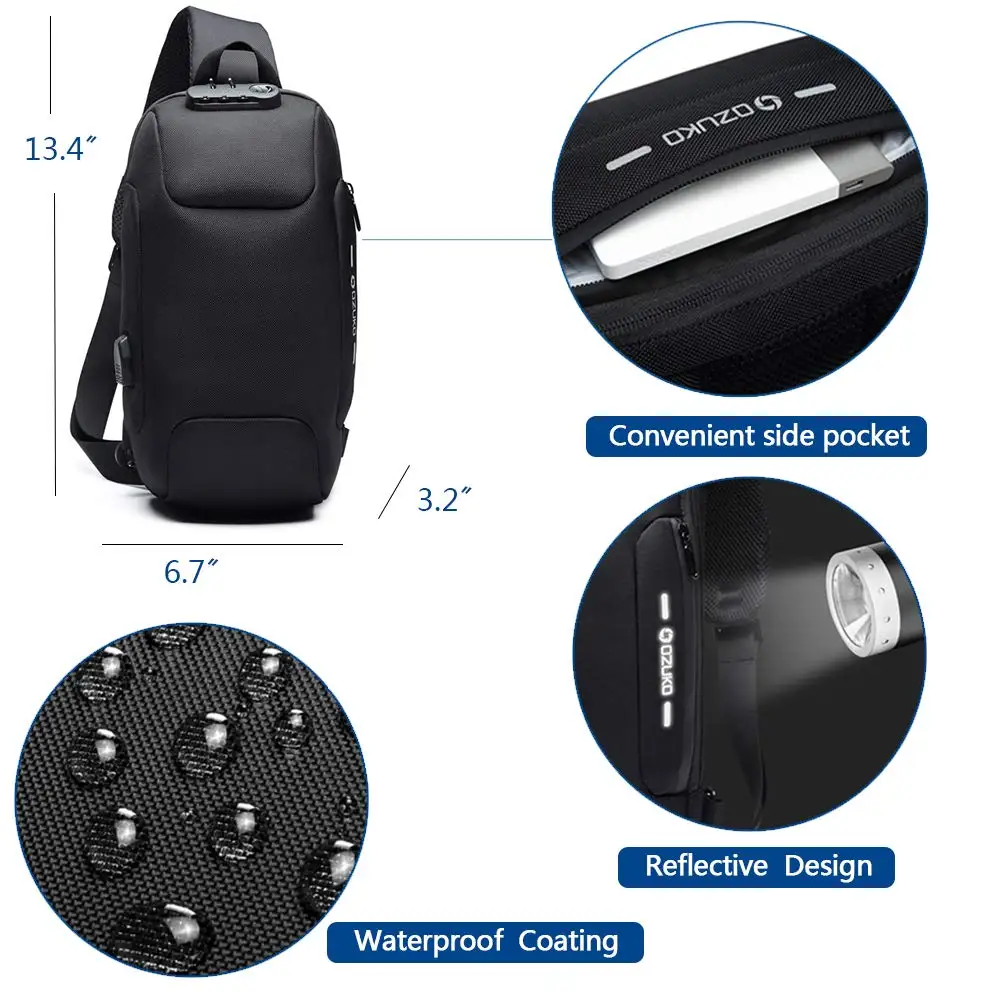 Mochila de hombro antirrobo, bolso de pecho impermeable con puerto de carga USB, mochila informal ligera