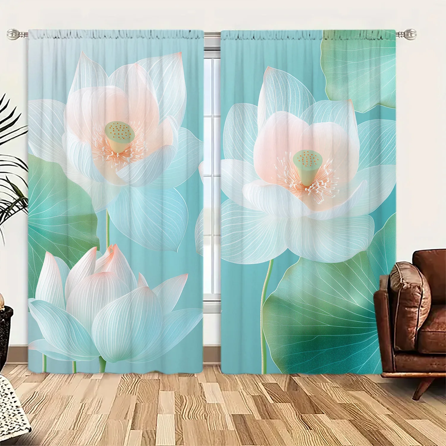 Elegant Blue Floral Curtain Pair 2pcs Watercolor Lotus Lily Drapes Tropical Nature Window Treatment for Living Room Bedroom Home