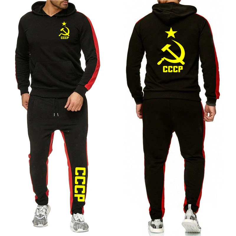 

2025 Spring Autumn Men's CCCP Russian Logo Fashion USSR Soviet Union Print Personality Hooded Hoodies+Sweatpants Solid Color Set