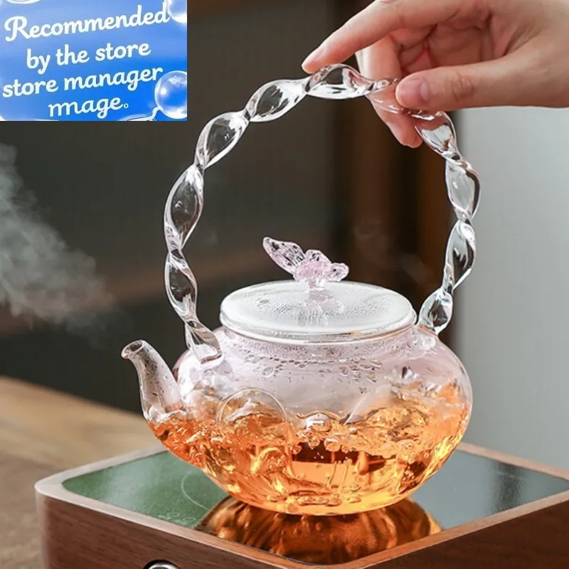 Tetera de Iris rosa transparente de 700ml, tetera de cocina Pyrex, juego de té para el hogar, horno de arcilla eléctrico, olla individual