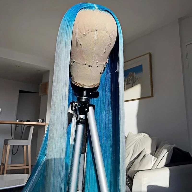 

180 Density Ombre Blue Straight Pre Plucked Transparent Lace Frontal Wig Brazilian Human Hair Wigs For Women Beauty