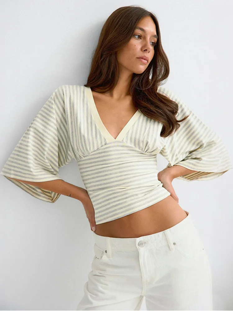 Absobe Color Block Striped Crop Top V Neck Half Bell Sleeve Waist-cinching Slim Ruched Lady T-shirt Summer Streetwear Casual Tee