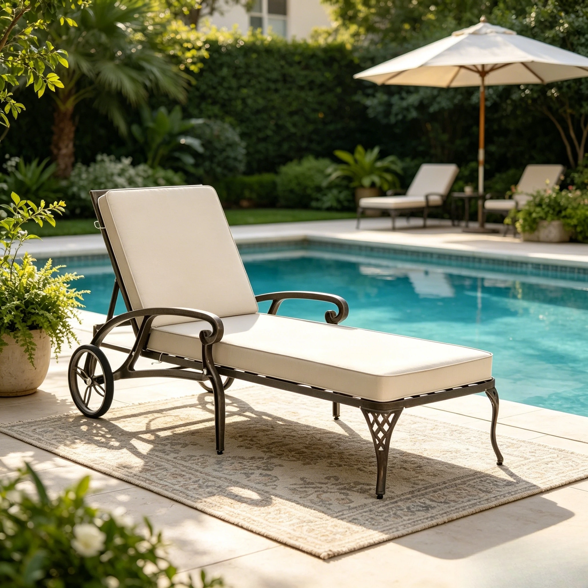 

Cast Aluminum Outdoor Chaise Lounge Chair With Wheels, Patio Chaise Lounge With 3-Position Adjustable Backrest