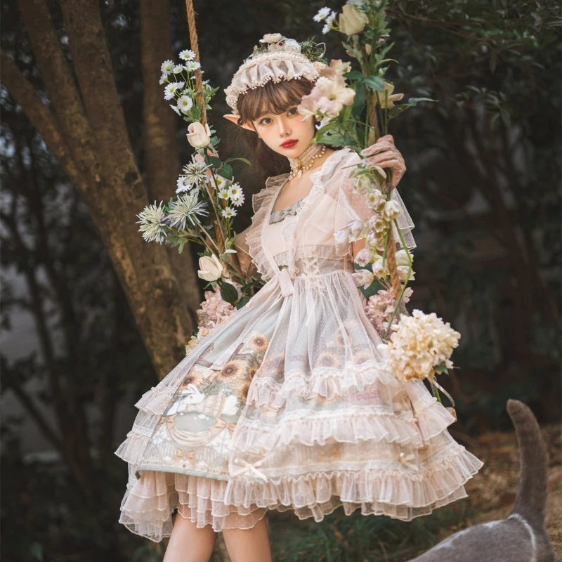 Japan Victorian Vintage Lolita Jsk Dress women Sweet Kawaii Sunflower Story print Princess strap dresses girly Tea Party dress