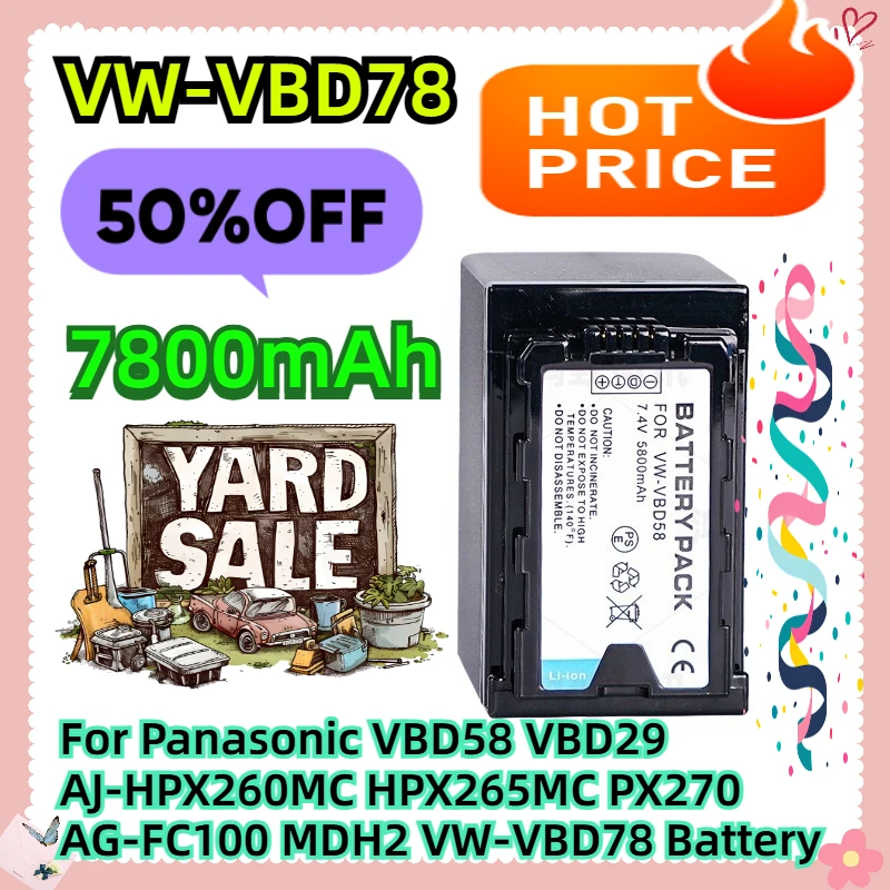 

7800mAh VW-VBD78 For Panasonic VBD58 VBD29 AJ-HPX260MC HPX265MC PX270 AG-FC100 MDH2 VW-VBD78 Battery