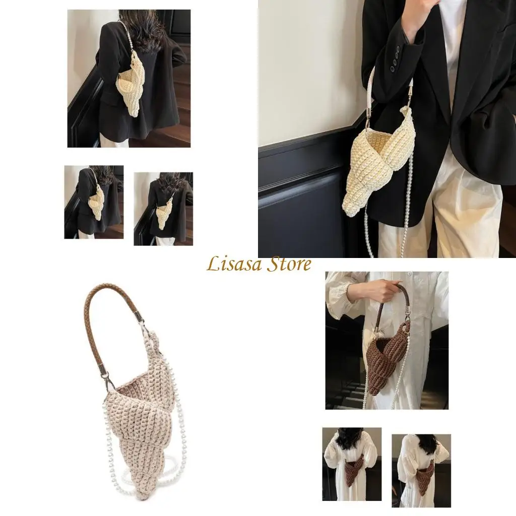 

M6CC Women Fashion Handbag Handwoven Shoulder Bag with Pearls Strap Top Handle Bag Stylish Crossbody Bag Seashells Bag