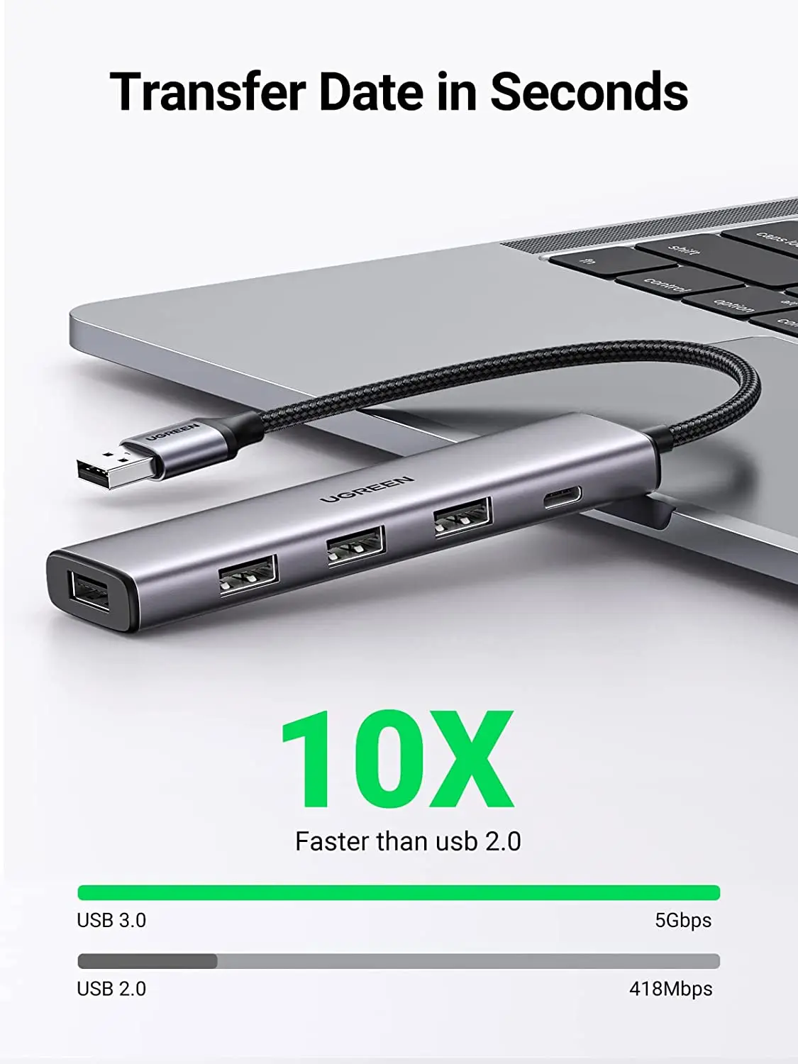 UGREEN USB 허브 4포트 전원 공급 USB 3.0 허브 4포트 전원 공급 5Gbps 고속 데이터 전송 노트북용 멀티 USB 포트 허브