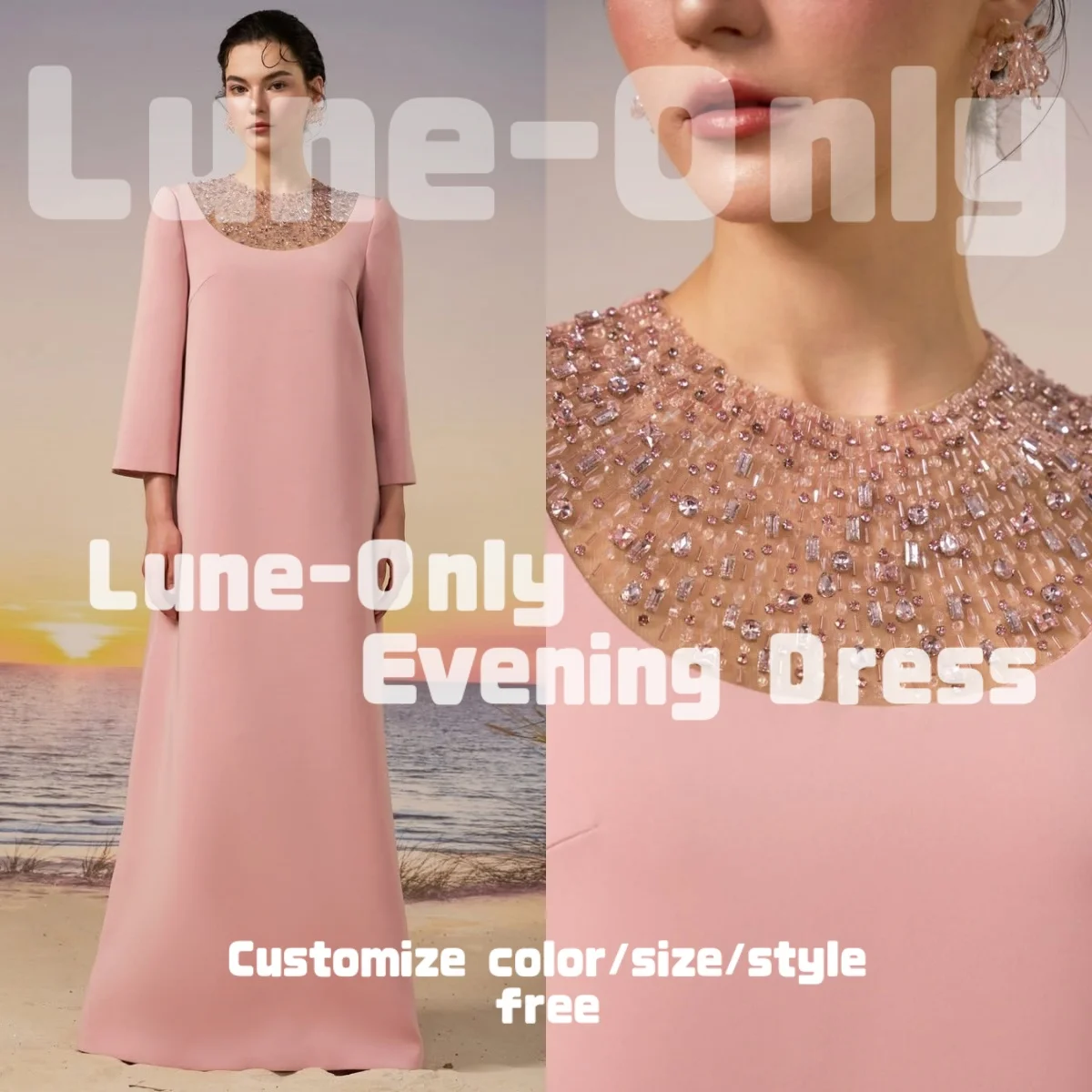カスタマイズされた長袖ラインストーンゆったりとしたイブニングドレス高級ピンクエレガントなパーティードレスラウンドネックプロムフォーマルドレス