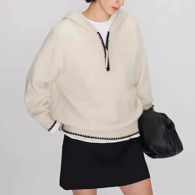

High-end half-zipper hooded 100% cashmere knitted sweater women loose and thick sweater base hoodie top