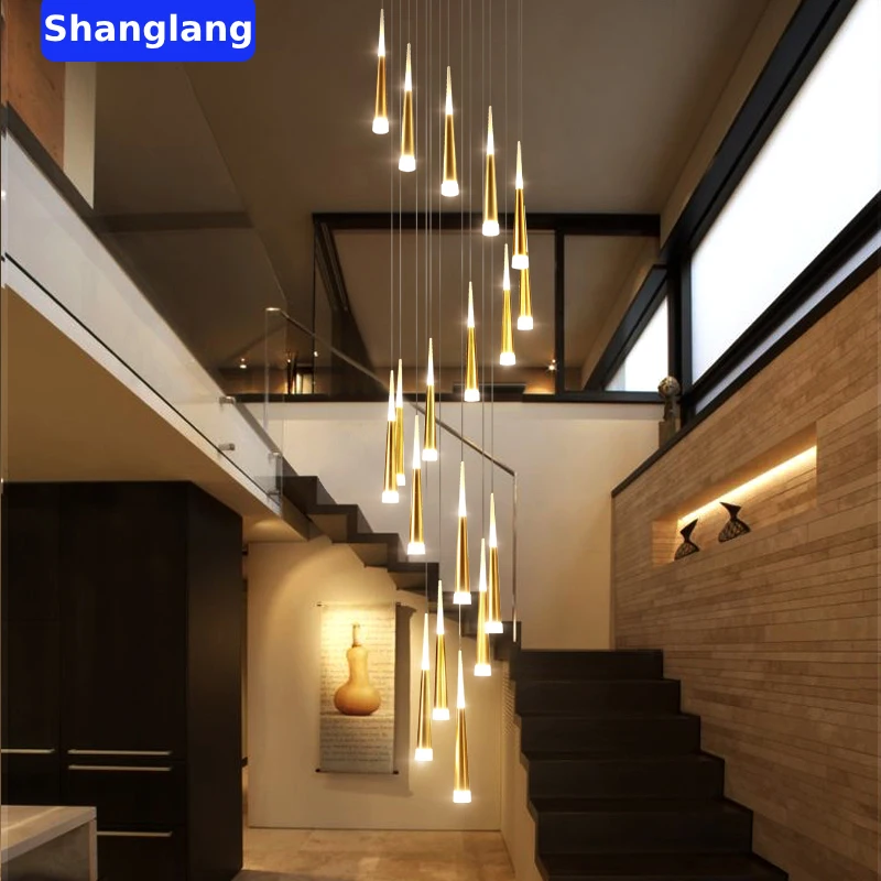 Modern LED Meteor Rain Staircase Chandelier Golden/Black Living Room Hanging Lights Loft Pendant Lamp Nordic Home Decor Lighting