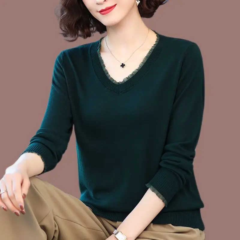 

Sweater Women's Spring Autumn Women's New Solid Color Long-sleeved Loose V-neck Knitted Base Top Women