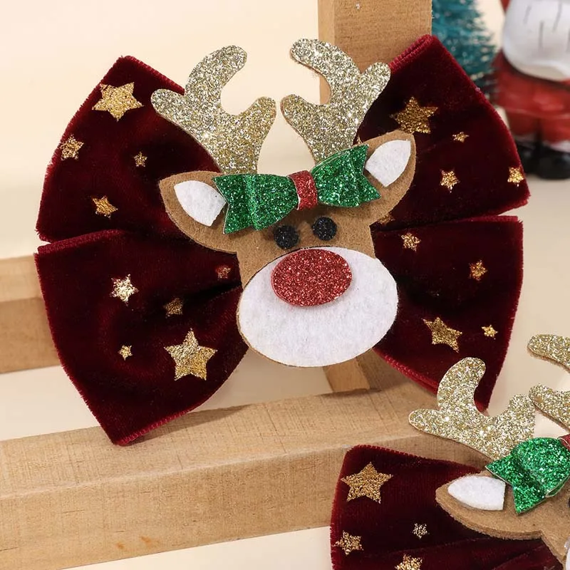 ncmama 2PCS Glitter Christmas Elk Hair Bow Clip Cute Star Print Velvet Bowknote Hairpin for Kids Girls Headwear Hair Accessories